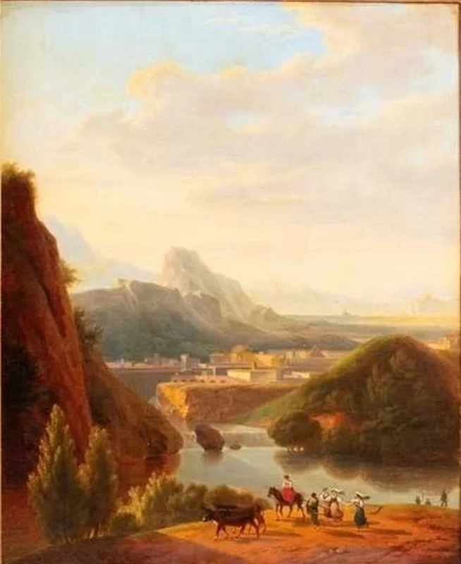 Alexandre Hyacinthe Dunouy - paesaggio italiano con figure a cavallo, un fiume e una città sullo sfondo